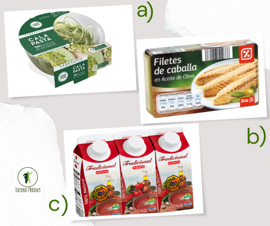 Espaguetis de calabacín con filetes de caballa y 1 tetrabrik de gazpacho.